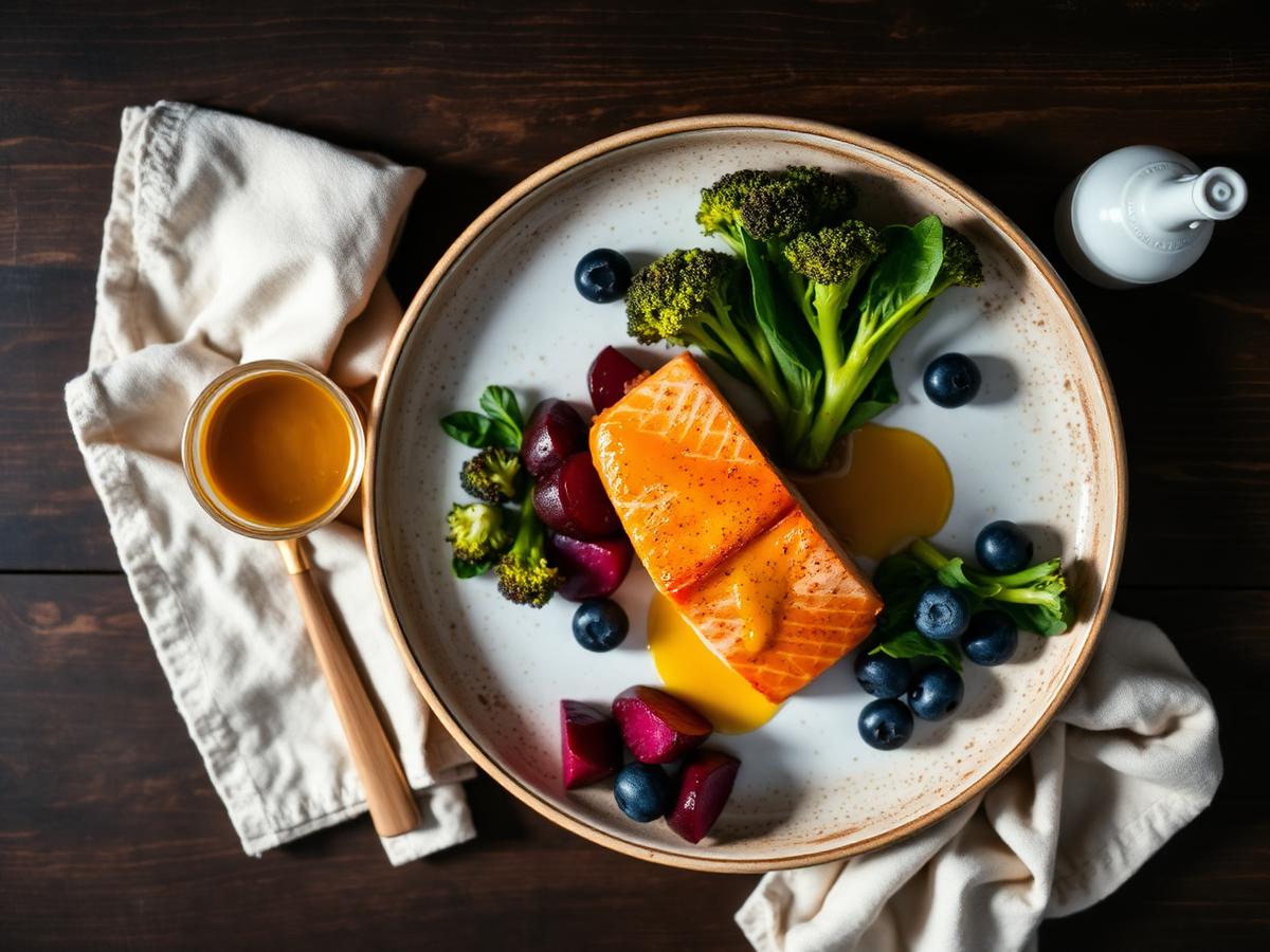 Anti-inflammatory plate of wild salmon, roasted beets, broccoli and berries