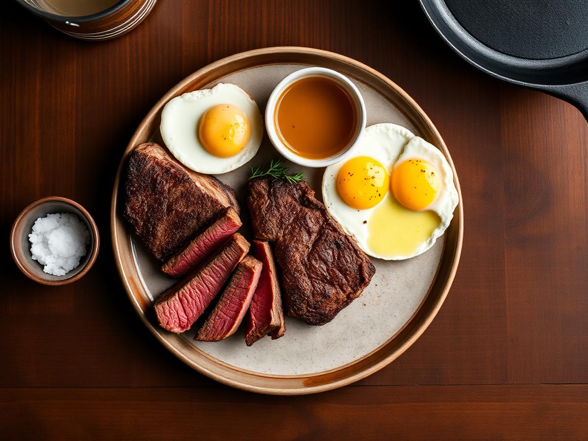 Carnivore plate with grass-fed ribeye, pasture eggs and bone broth