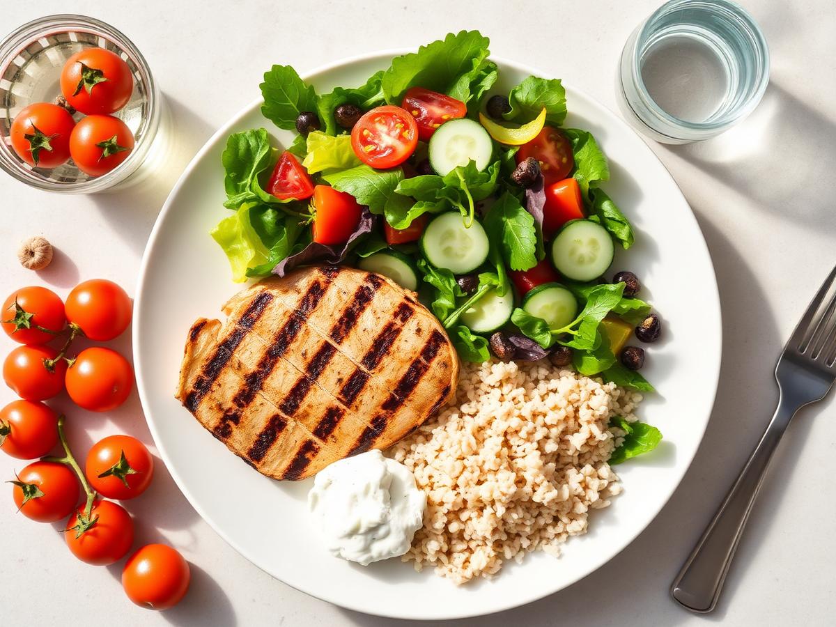 High-protein fat-loss plate with grilled chicken, large salad and rice