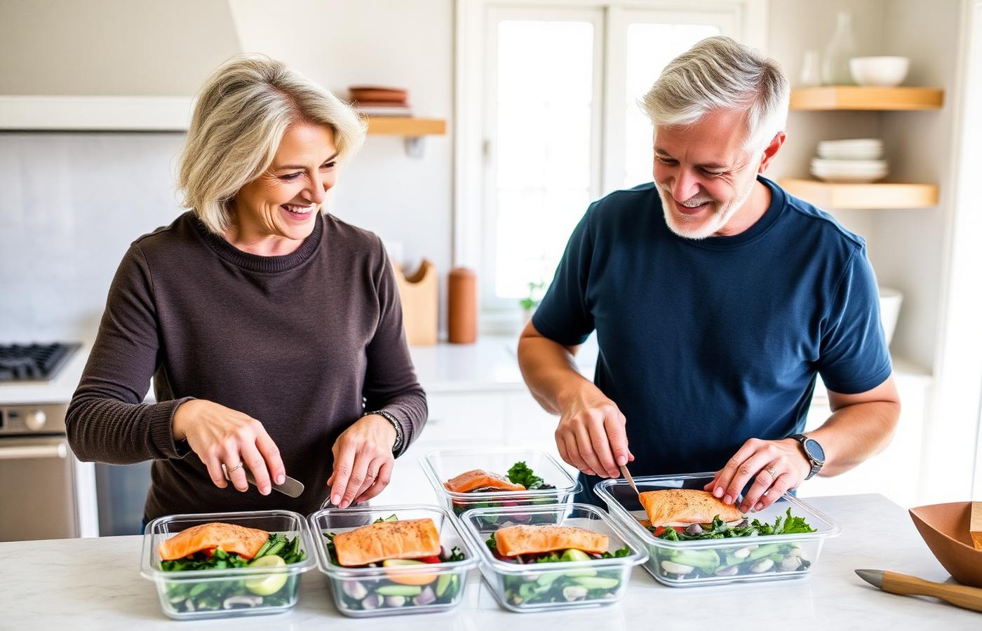 Active couple in their sixties portioning organic meal prep containers in a bright kitchen